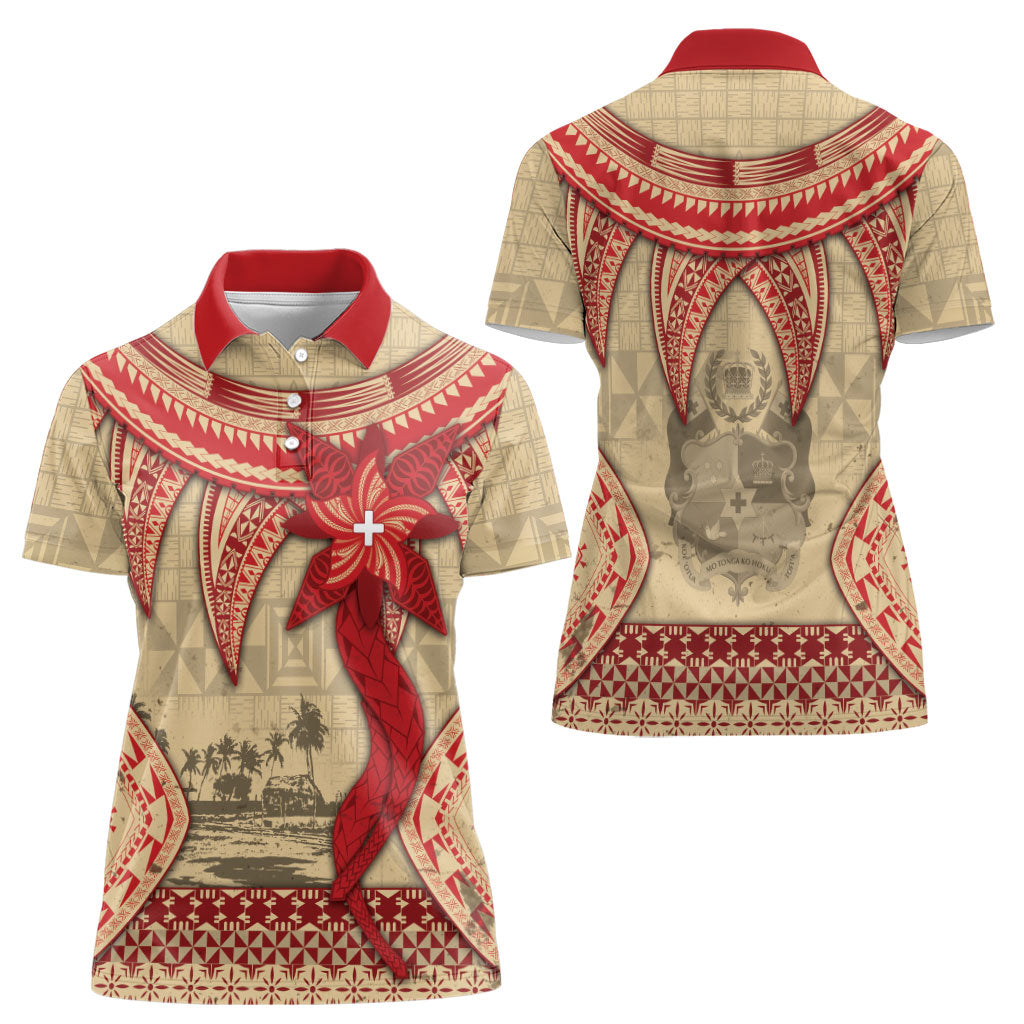 Tonga Language Week Women Polo Shirt Tribal Cross Ngatu Floral Pattern