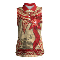 Tonga Language Week Women Sleeveless Polo Shirt Tribal Cross Ngatu Floral Pattern