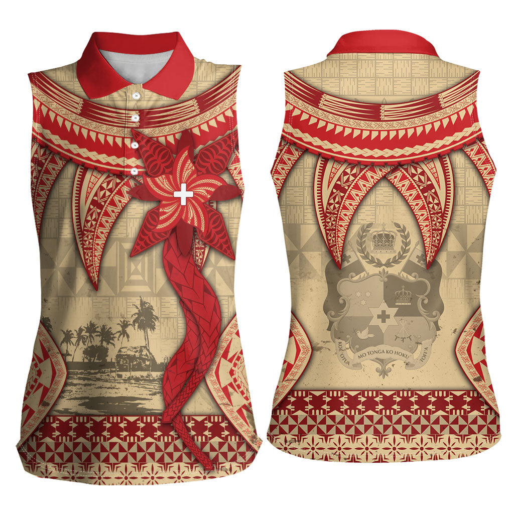 Tonga Language Week Women Sleeveless Polo Shirt Tribal Cross Ngatu Floral Pattern