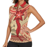 Tonga Language Week Women Sleeveless Polo Shirt Tribal Cross Ngatu Floral Pattern