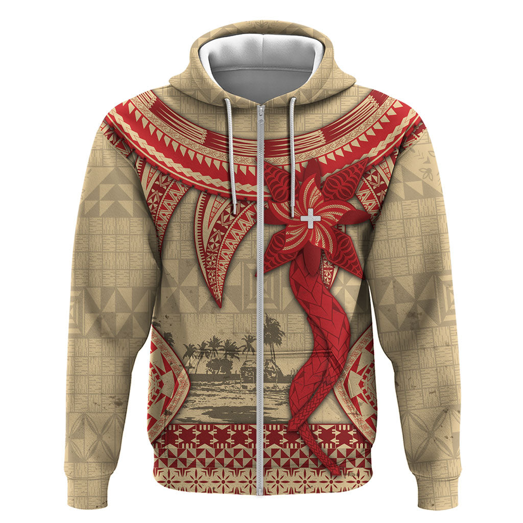 Tonga Language Week Zip Hoodie Tribal Cross Ngatu Floral Pattern
