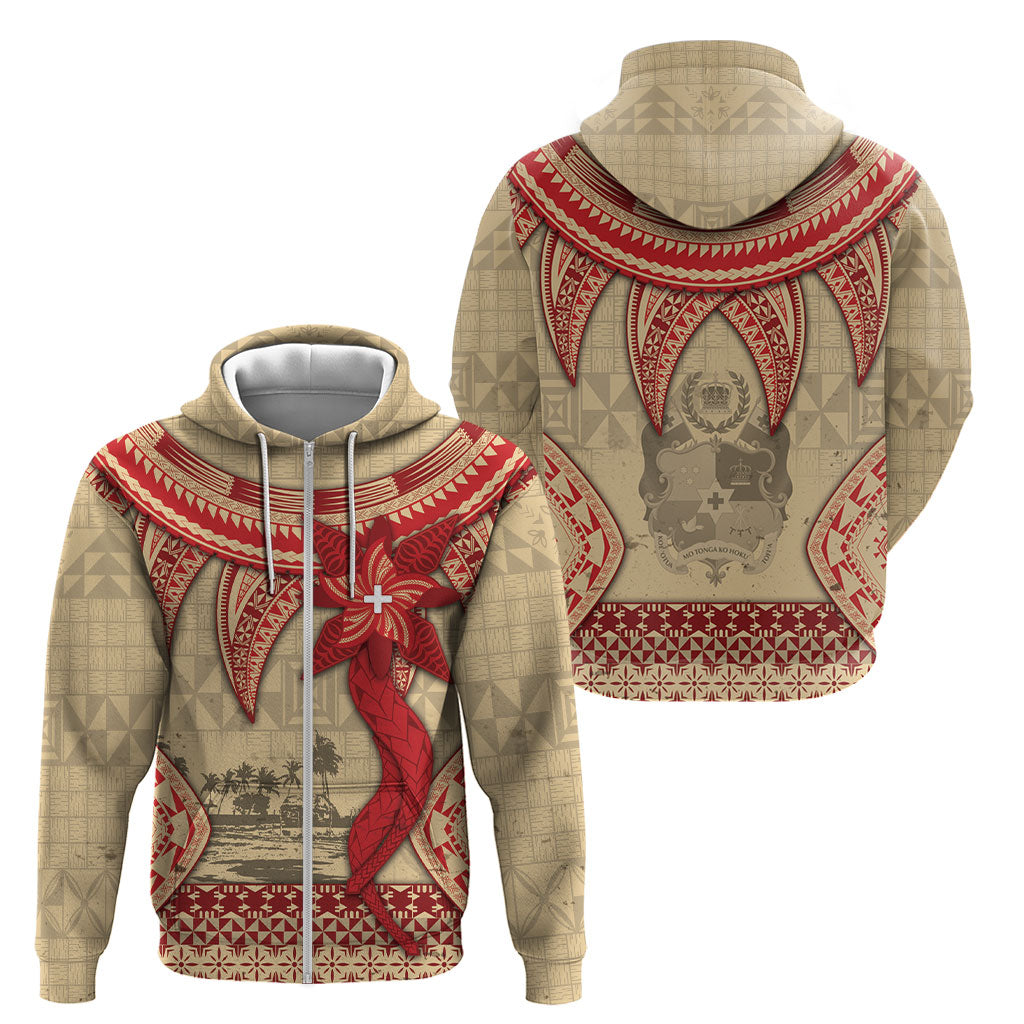 Tonga Language Week Zip Hoodie Tribal Cross Ngatu Floral Pattern
