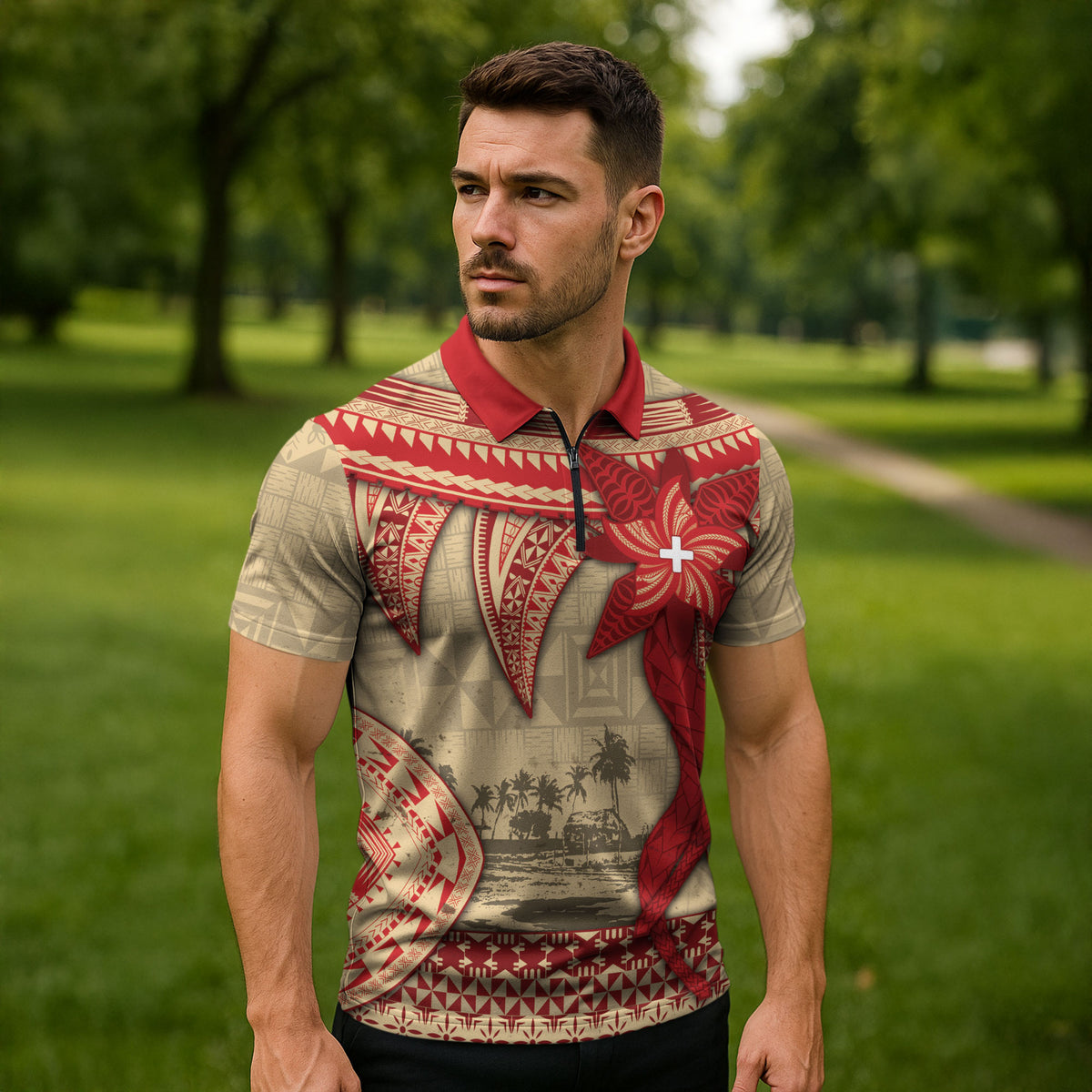 Tonga Language Week Zipper Polo Shirt Tribal Cross Ngatu Floral Pattern