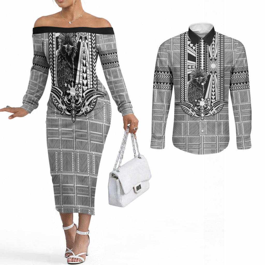 Mabuhay Philippines Festival Couples Matching Off The Shoulder Long Sleeve Dress and Long Sleeve Button Shirt Philippine Eagle Sun Three Stars Barong Pattern DT05 Gray - Polynesian Pride