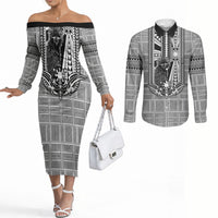 Mabuhay Philippines Festival Couples Matching Off The Shoulder Long Sleeve Dress and Long Sleeve Button Shirt Philippine Eagle Sun Three Stars Barong Pattern DT05 Gray - Polynesian Pride