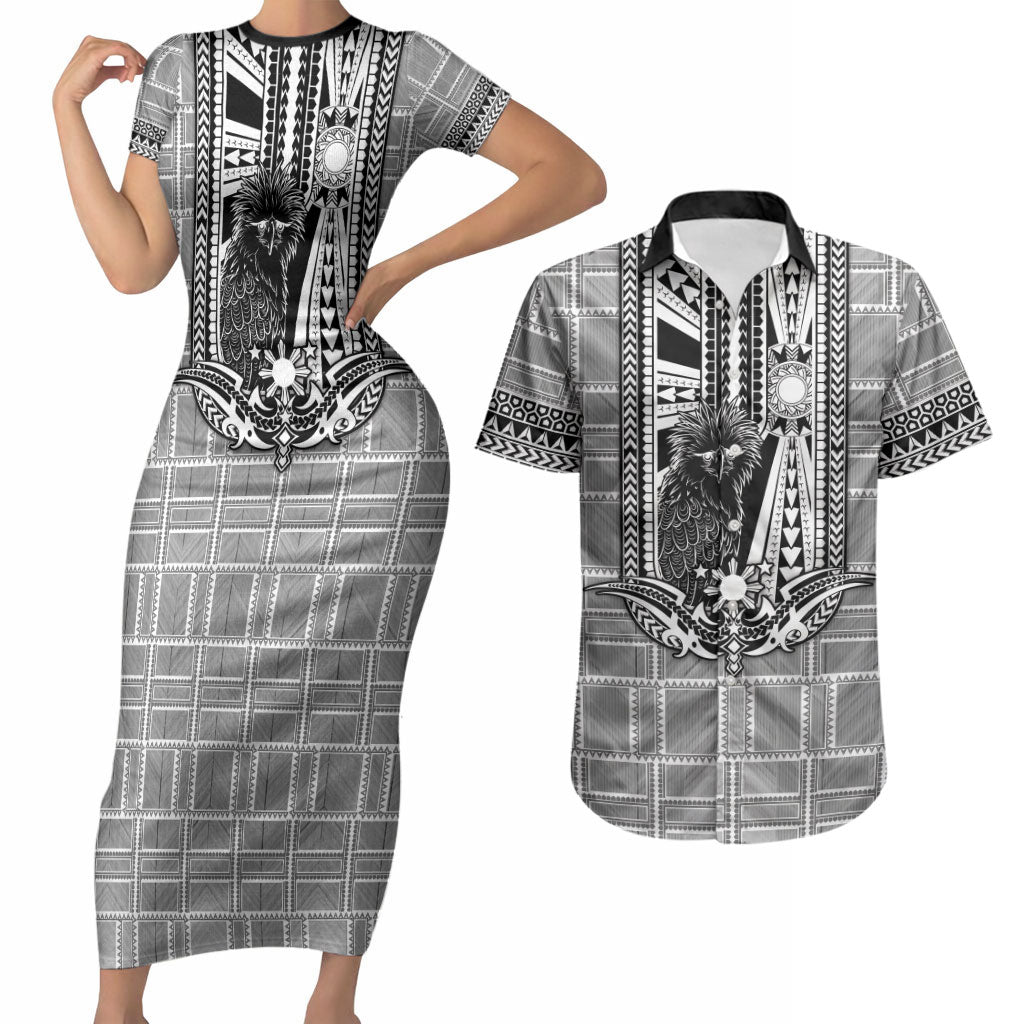 Mabuhay Philippines Festival Couples Matching Short Sleeve Bodycon Dress and Hawaiian Shirt Philippine Eagle Sun Three Stars Barong Pattern DT05 Gray - Polynesian Pride