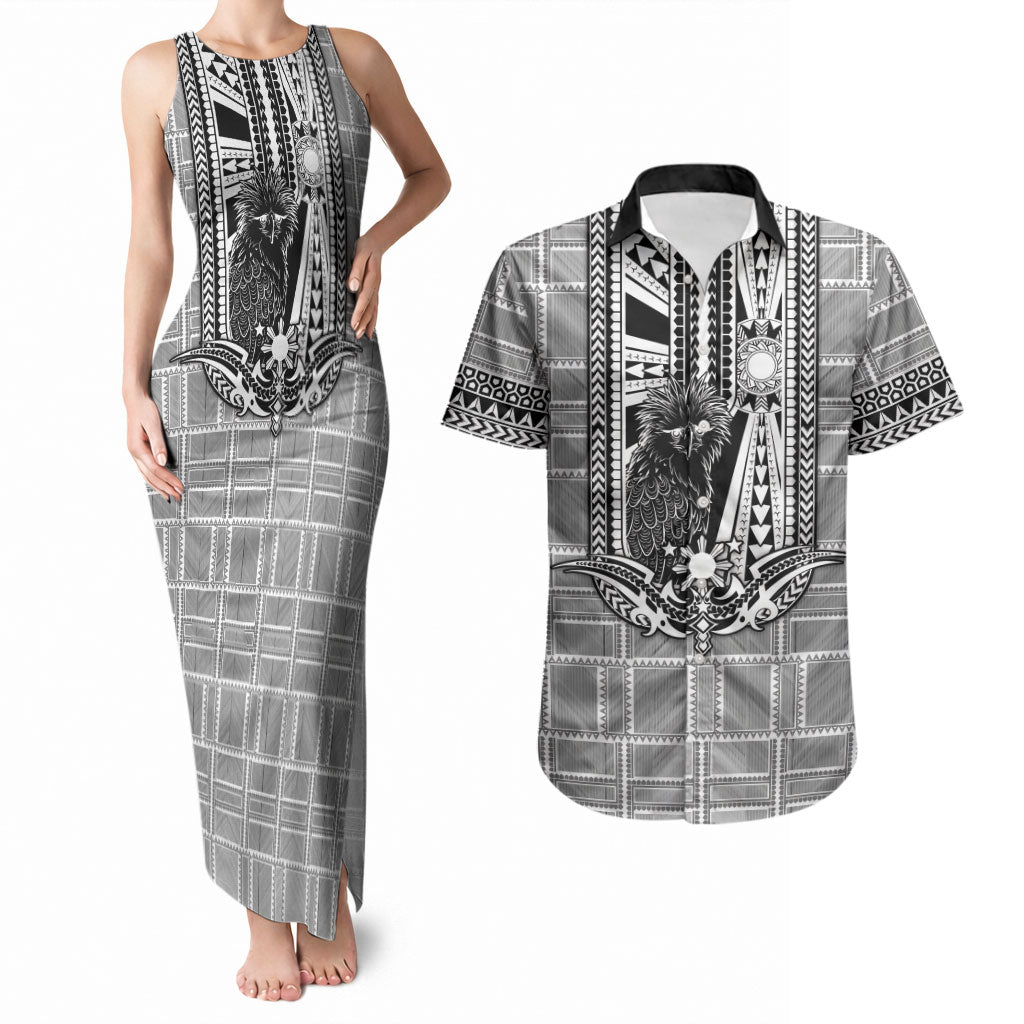 Mabuhay Philippines Festival Couples Matching Tank Maxi Dress and Hawaiian Shirt Philippine Eagle Sun Three Stars Barong Pattern DT05 Gray - Polynesian Pride