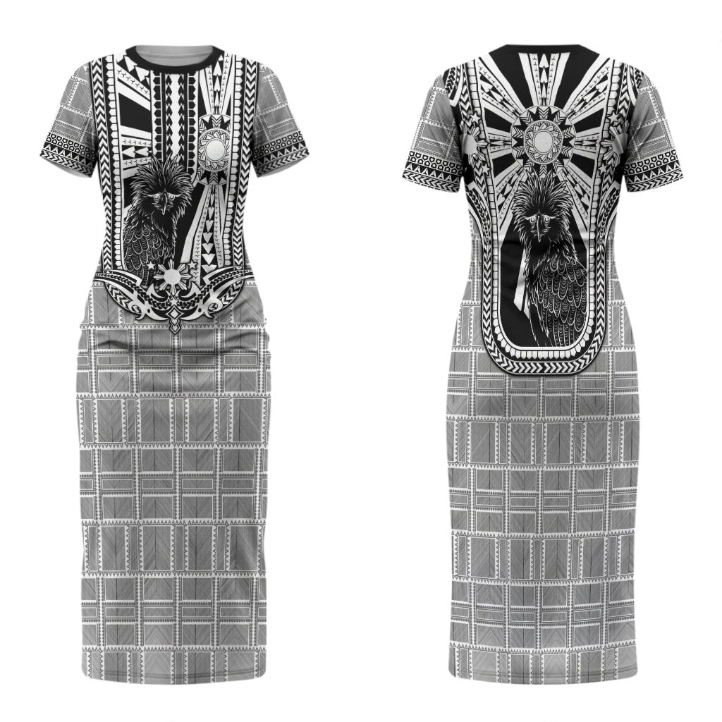 Mabuhay Philippines Festival Family Matching Short Sleeve Bodycon Dress and Hawaiian Shirt Philippine Eagle Sun Three Stars Barong Pattern DT05 Mom's Dress Gray - Polynesian Pride