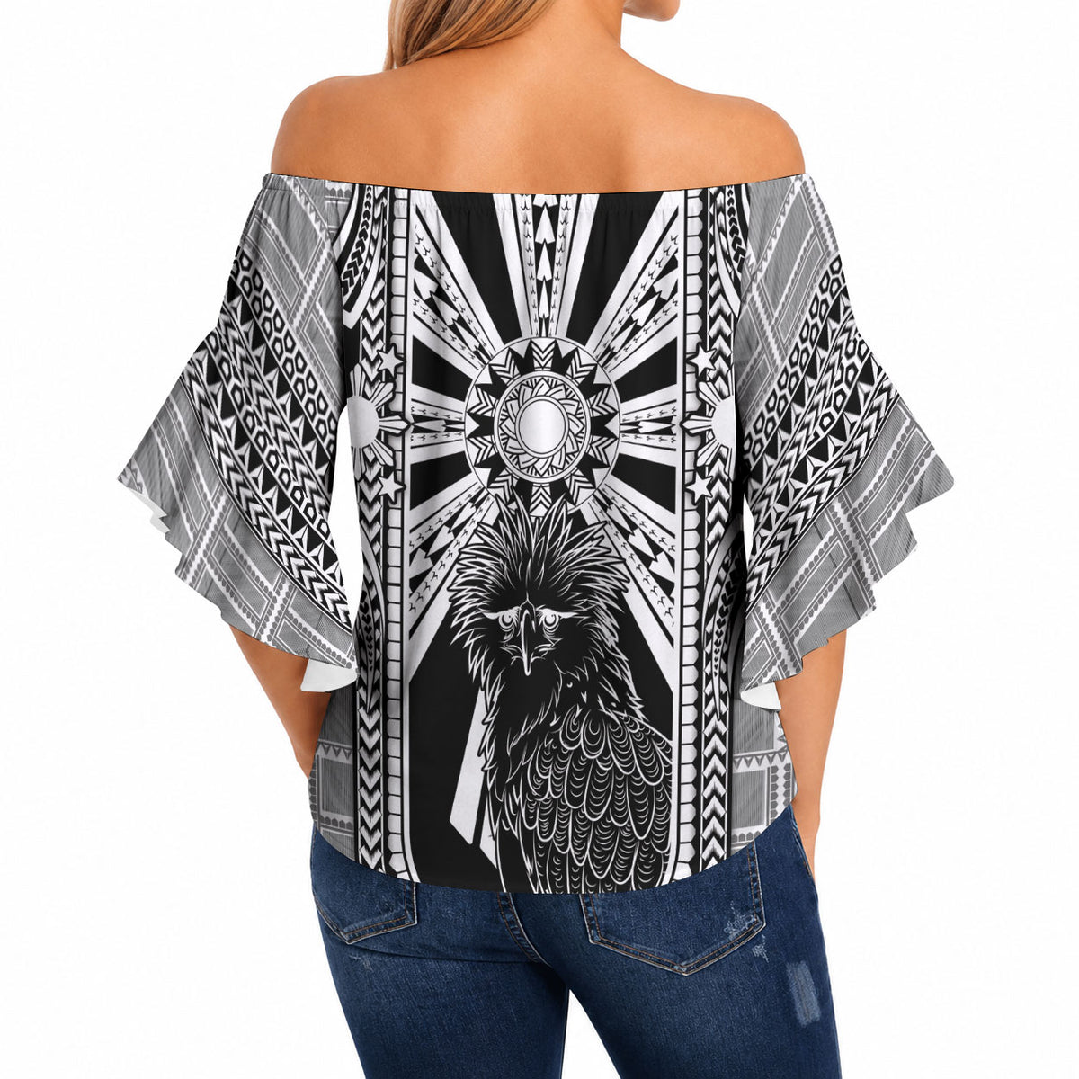 Mabuhay Philippines Festival Off Shoulder Wrap Waist Top Philippine Eagle Sun Three Stars Barong Pattern DT05 - Polynesian Pride