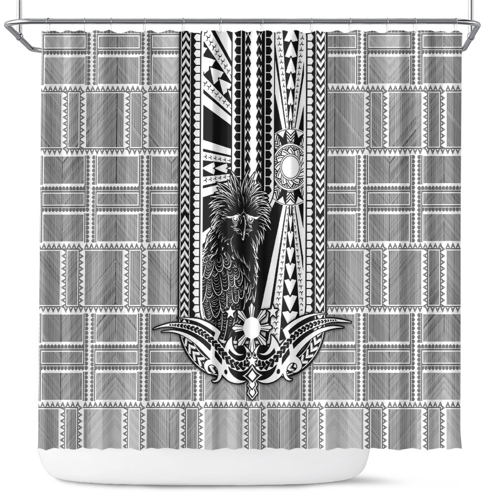 Mabuhay Philippines Festival Shower Curtain Philippine Eagle Sun Three Stars Barong Pattern DT05 Gray - Polynesian Pride
