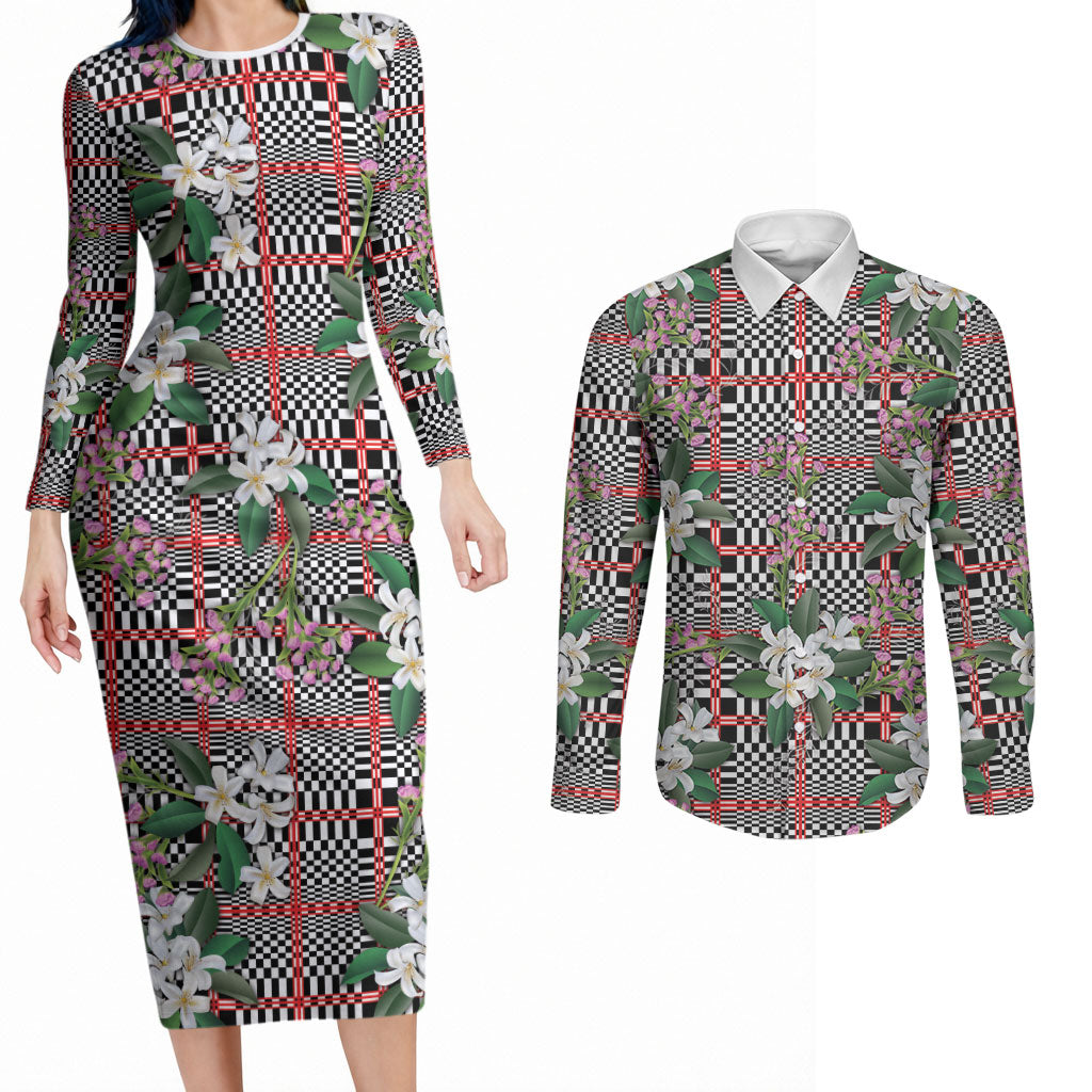 Red Binakol Motifs With Jasminum Sambac Couples Matching Long Sleeve Bodycon Dress and Long Sleeve Button Shirt Mabuhay Philippines Festival DT05 Red - Polynesian Pride