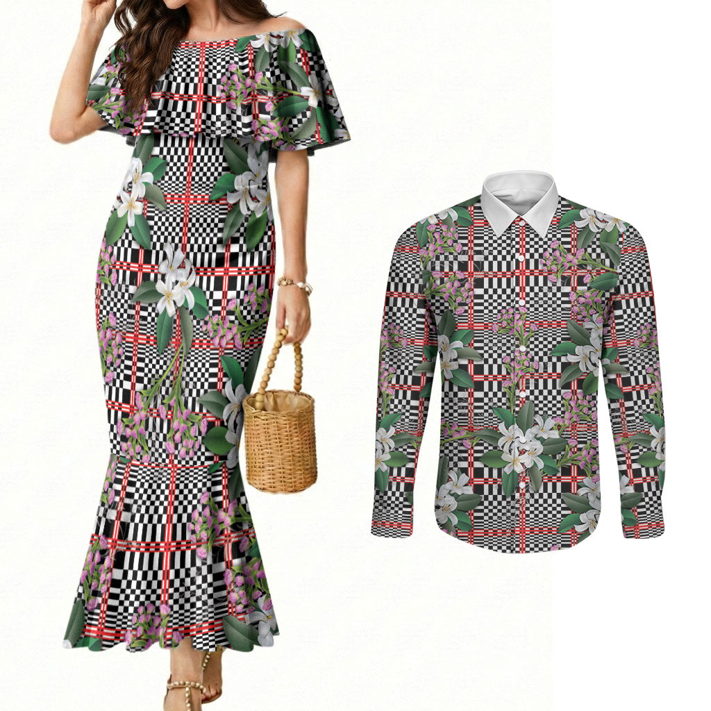 Red Binakol Motifs With Jasminum Sambac Couples Matching Mermaid Dress and Long Sleeve Button Shirt Mabuhay Philippines Festival DT05 Red - Polynesian Pride
