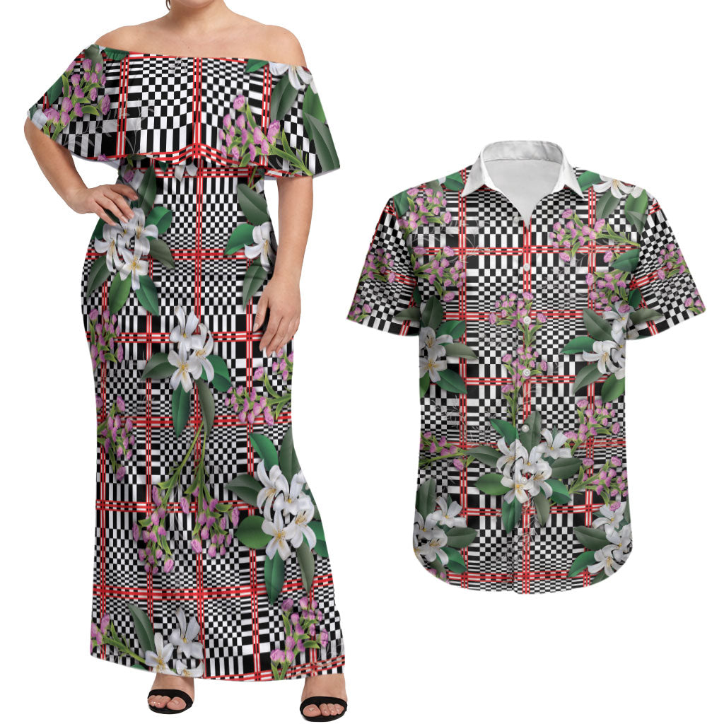 Red Binakol Motifs With Jasminum Sambac Couples Matching Off Shoulder Maxi Dress and Hawaiian Shirt Mabuhay Philippines Festival
