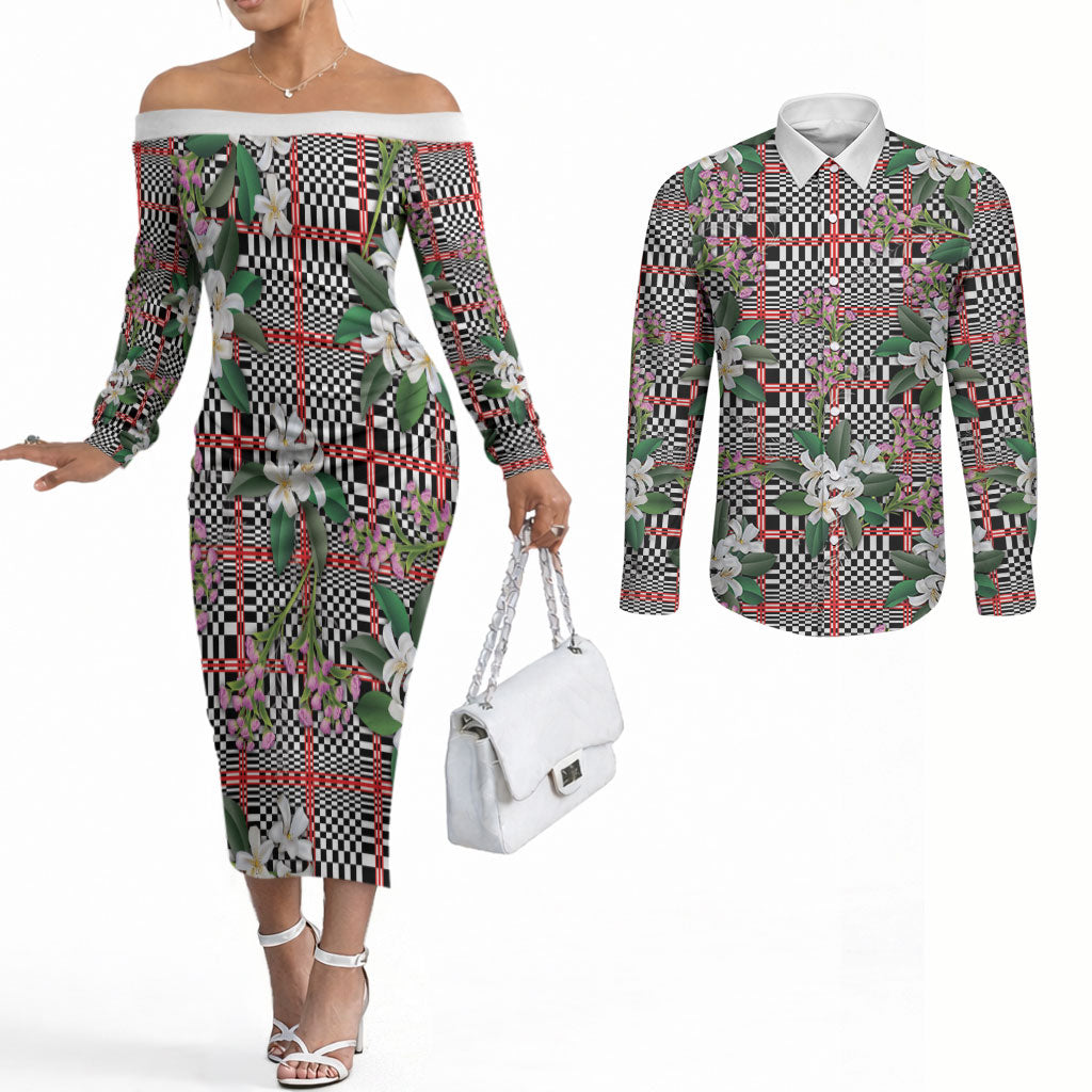 Red Binakol Motifs With Jasminum Sambac Couples Matching Off The Shoulder Long Sleeve Dress and Long Sleeve Button Shirt Mabuhay Philippines Festival DT05 Red - Polynesian Pride