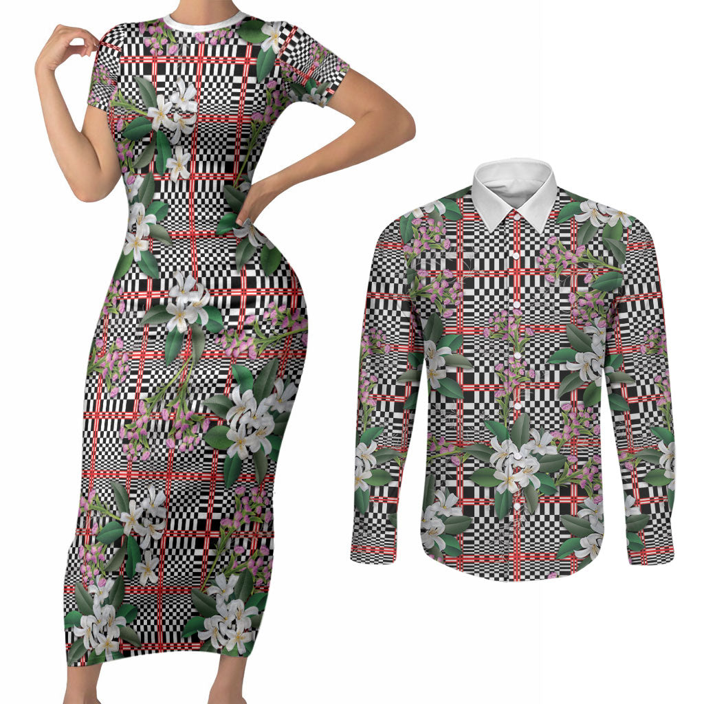 Red Binakol Motifs With Jasminum Sambac Couples Matching Short Sleeve Bodycon Dress and Long Sleeve Button Shirt Mabuhay Philippines Festival DT05 Red - Polynesian Pride