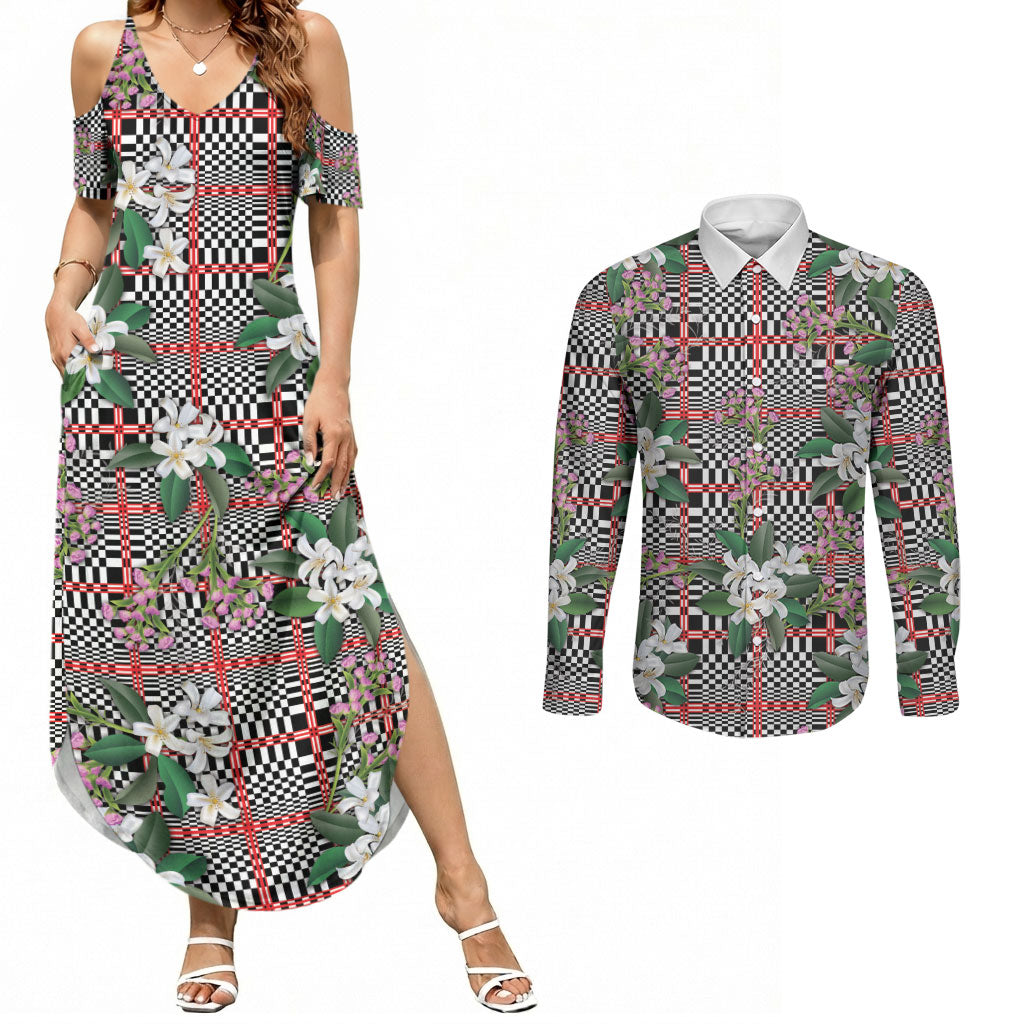 Red Binakol Motifs With Jasminum Sambac Couples Matching Summer Maxi Dress and Long Sleeve Button Shirt Mabuhay Philippines Festival DT05 Red - Polynesian Pride