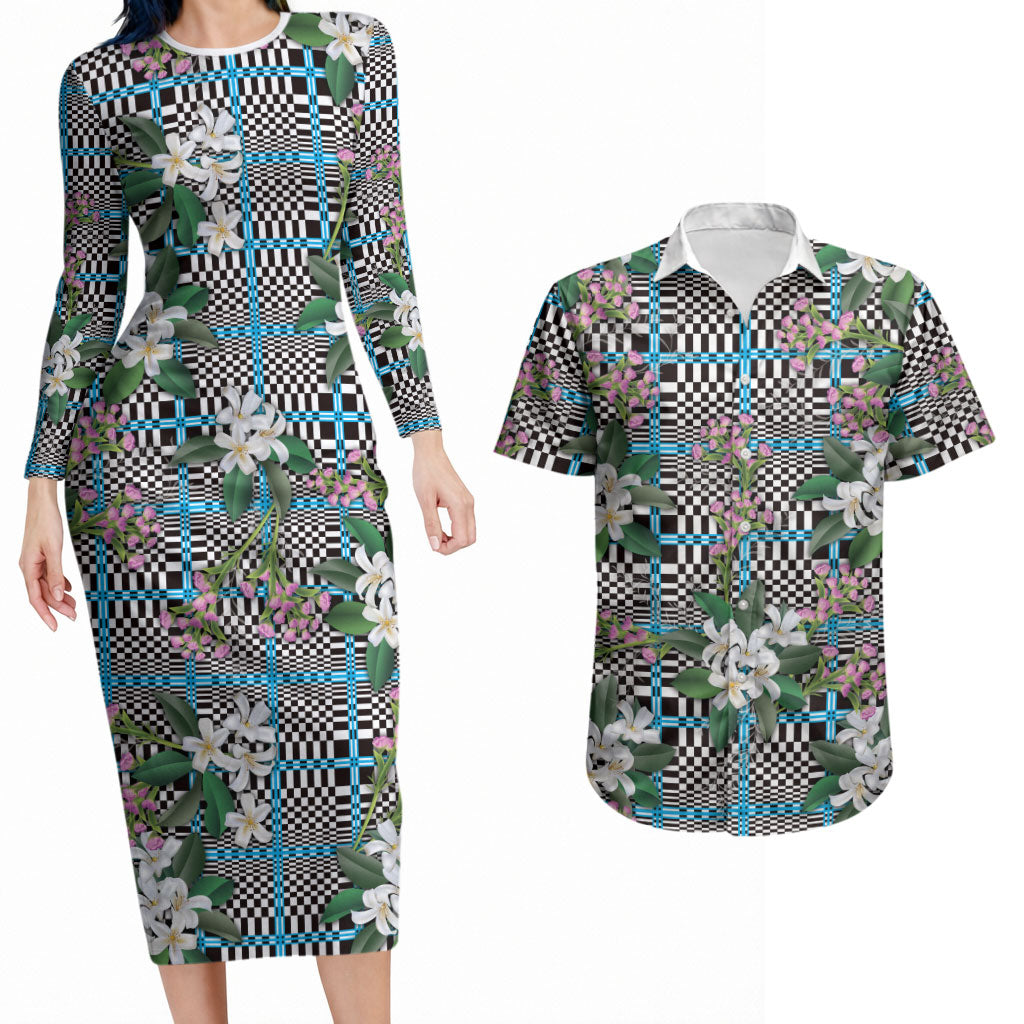 Blue Binakol Motifs With Jasminum Sambac Couples Matching Long Sleeve Bodycon Dress and Hawaiian Shirt Mabuhay Philippines Festival DT05 Blue - Polynesian Pride