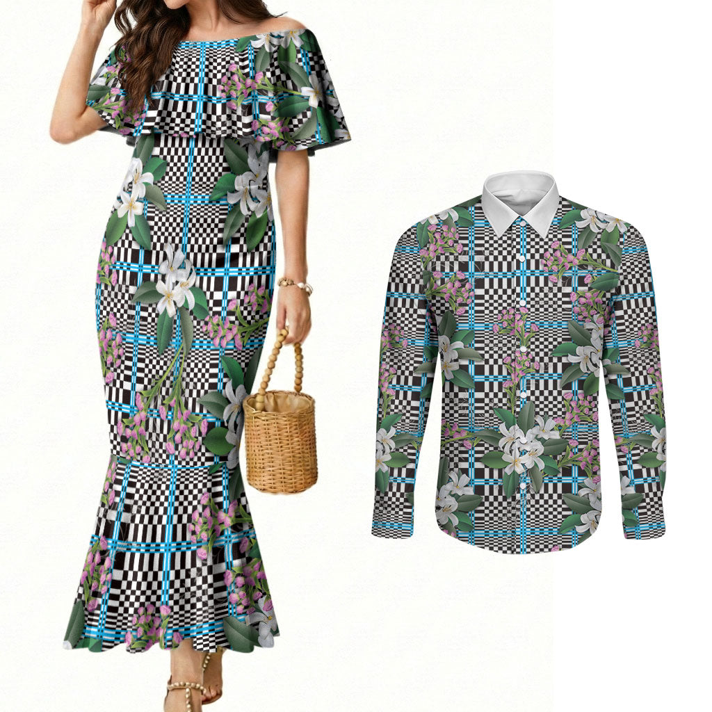 Blue Binakol Motifs With Jasminum Sambac Couples Matching Mermaid Dress and Long Sleeve Button Shirt Mabuhay Philippines Festival DT05 Blue - Polynesian Pride
