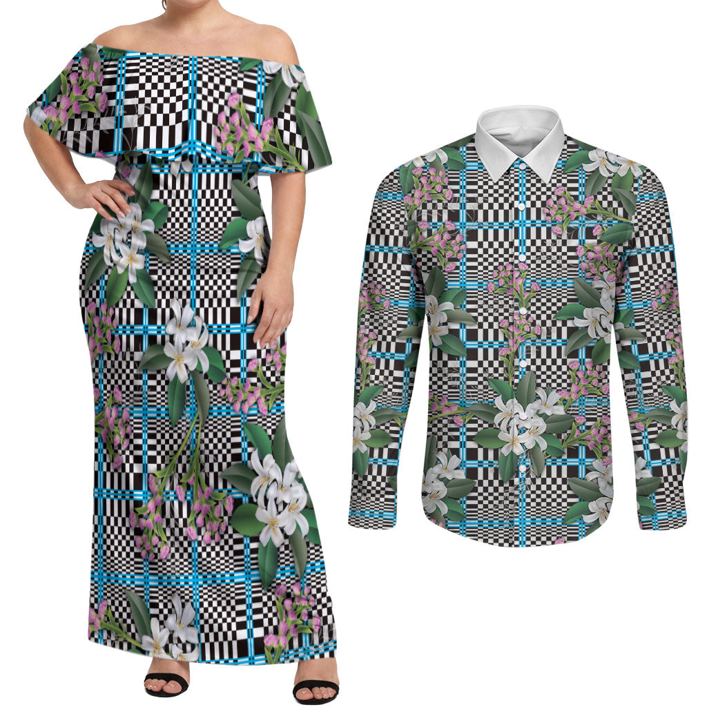 Blue Binakol Motifs With Jasminum Sambac Couples Matching Off Shoulder Maxi Dress and Long Sleeve Button Shirt Mabuhay Philippines Festival DT05 Blue - Polynesian Pride