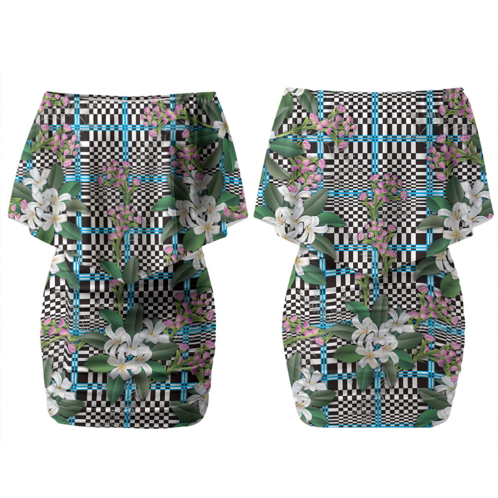 Blue Binakol Motifs With Jasminum Sambac Couples Matching Off Shoulder Short Dress and Long Sleeve Button Shirt Mabuhay Philippines Festival DT05 - Polynesian Pride