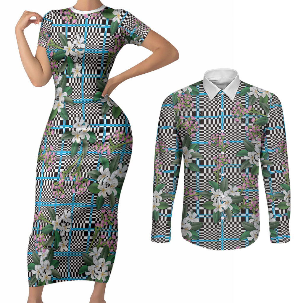 Blue Binakol Motifs With Jasminum Sambac Couples Matching Short Sleeve Bodycon Dress and Long Sleeve Button Shirt Mabuhay Philippines Festival DT05 Blue - Polynesian Pride