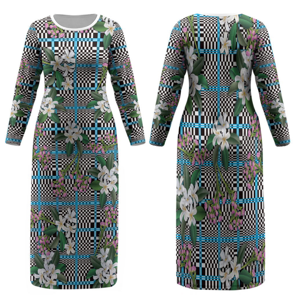 Blue Binakol Motifs With Jasminum Sambac Family Matching Long Sleeve Bodycon Dress and Hawaiian Shirt Mabuhay Philippines Festival DT05 Mom's Dress Blue - Polynesian Pride
