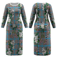 Blue Binakol Motifs With Jasminum Sambac Family Matching Long Sleeve Bodycon Dress and Hawaiian Shirt Mabuhay Philippines Festival DT05 Mom's Dress Blue - Polynesian Pride
