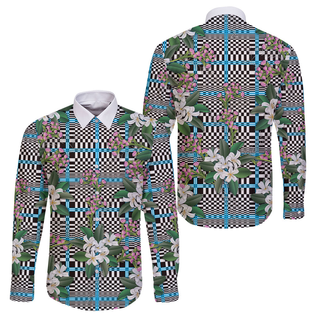 Blue Binakol Motifs With Jasminum Sambac Family Matching Long Sleeve Bodycon Dress and Hawaiian Shirt Mabuhay Philippines Festival DT05 Dad's Shirt - Long Sleeve Blue - Polynesian Pride