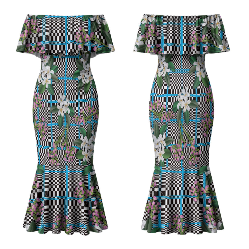 Blue Binakol Motifs With Jasminum Sambac Family Matching Mermaid Dress and Hawaiian Shirt Mabuhay Philippines Festival DT05 Mom's Dress Blue - Polynesian Pride