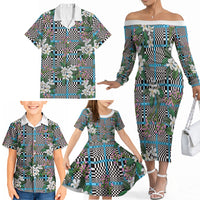Blue Binakol Motifs With Jasminum Sambac Family Matching Off The Shoulder Long Sleeve Dress and Hawaiian Shirt Mabuhay Philippines Festival DT05 - Polynesian Pride