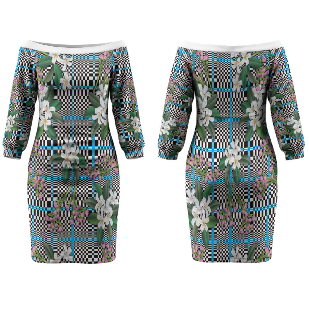 Blue Binakol Motifs With Jasminum Sambac Family Matching Off The Shoulder Long Sleeve Dress and Hawaiian Shirt Mabuhay Philippines Festival DT05 Mom's Dress Blue - Polynesian Pride