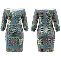 Blue Binakol Motifs With Jasminum Sambac Family Matching Off The Shoulder Long Sleeve Dress and Hawaiian Shirt Mabuhay Philippines Festival DT05 Mom's Dress Blue - Polynesian Pride