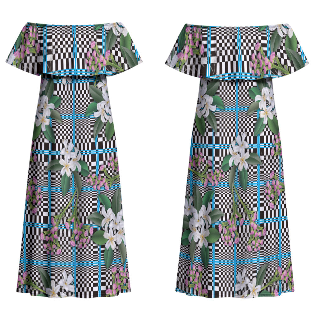 Blue Binakol Motifs With Jasminum Sambac Family Matching Off Shoulder Maxi Dress and Hawaiian Shirt Mabuhay Philippines Festival DT05 Mom's Dress Blue - Polynesian Pride