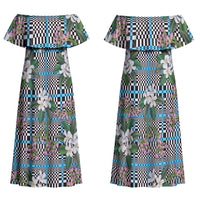 Blue Binakol Motifs With Jasminum Sambac Family Matching Off Shoulder Maxi Dress and Hawaiian Shirt Mabuhay Philippines Festival DT05 Mom's Dress Blue - Polynesian Pride