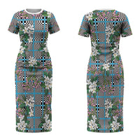 Blue Binakol Motifs With Jasminum Sambac Family Matching Short Sleeve Bodycon Dress and Hawaiian Shirt Mabuhay Philippines Festival DT05 Mom's Dress Blue - Polynesian Pride