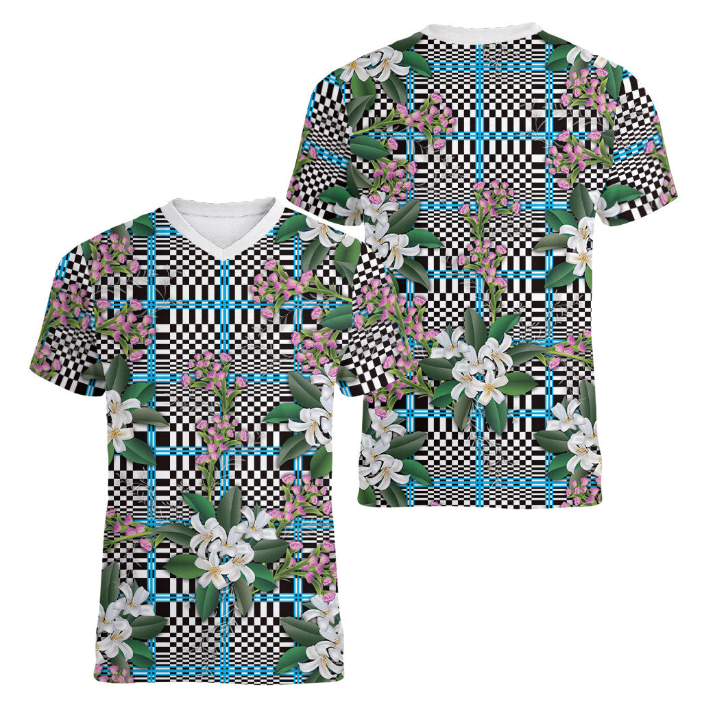 Blue Binakol Motifs With Jasminum Sambac Women V-Neck T-Shirt Mabuhay Philippines Festival DT05 - Polynesian Pride