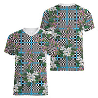 Blue Binakol Motifs With Jasminum Sambac Women V-Neck T-Shirt Mabuhay Philippines Festival DT05 - Polynesian Pride