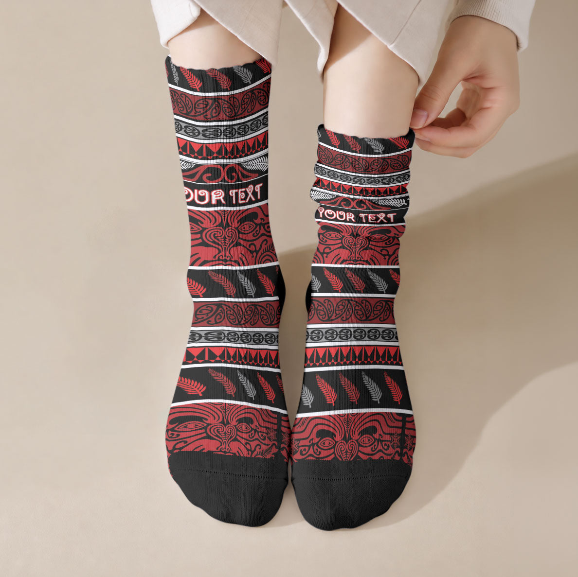Personalised Ngapuhi Aotearoa Meri Kirihimete Crew Socks Maori Silver Fern Koru Tribal Pattern DT05 Crew Socks Red - Polynesian Pride