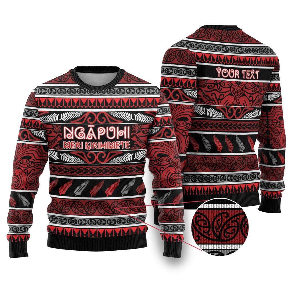 Personalised Ngapuhi Aotearoa Meri Kirihimete Ugly Christmas Sweater Maori Silver Fern Koru Tribal Pattern DT05 Red - Polynesian Pride