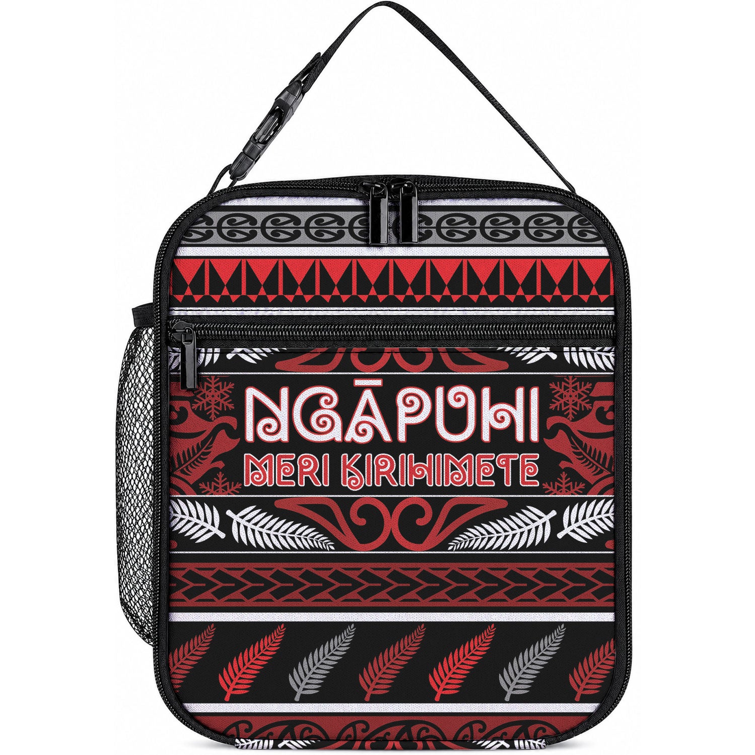 Ngapuhi Aotearoa Meri Kirihimete Lunch Bag Maori Silver Fern Koru Tribal Pattern DT05 10.2 × 8.3 × 4.3 inch Red - Polynesian Pride