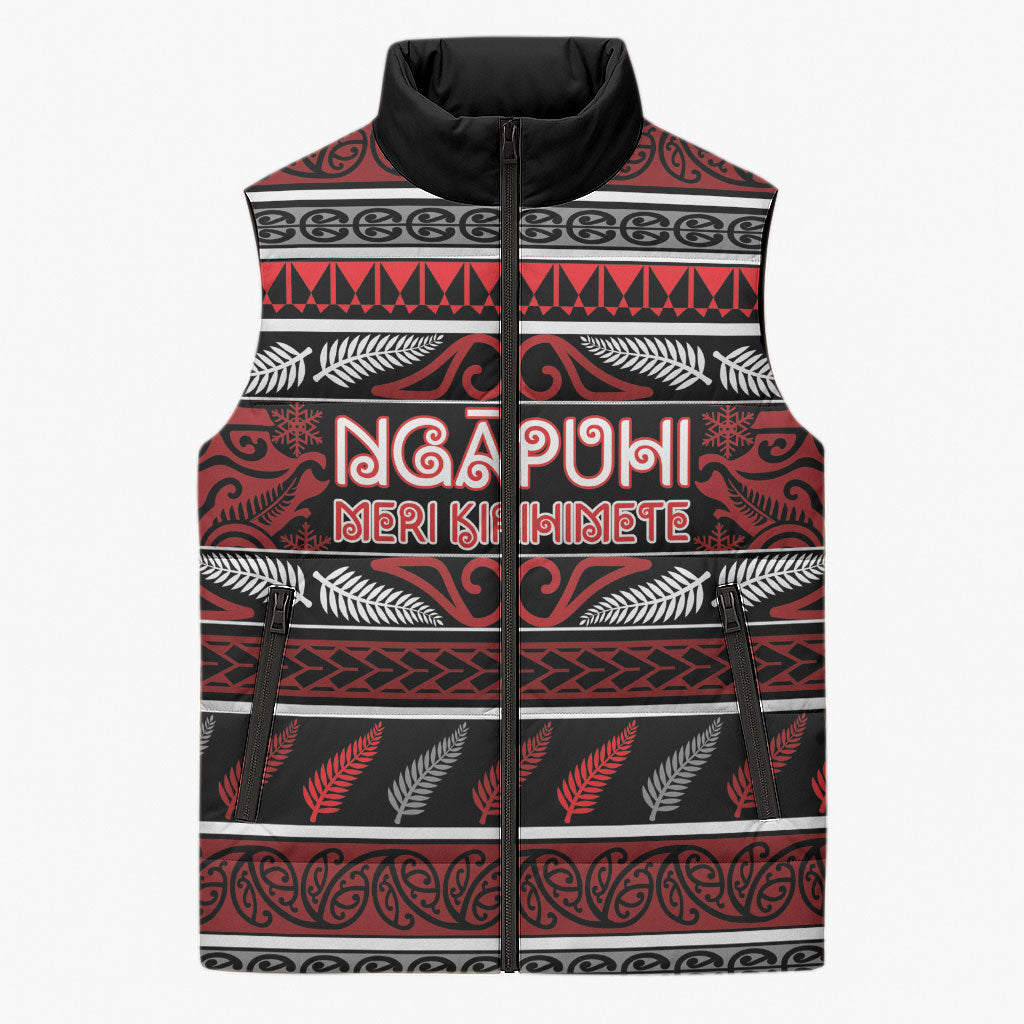 Personalised Ngapuhi Aotearoa Meri Kirihimete Sleeveless Puffer Jacket Maori Silver Fern Koru Tribal Pattern DT05 Unisex Red - Polynesian Pride
