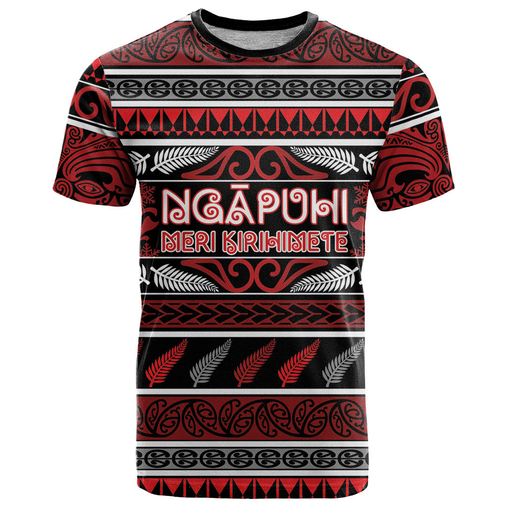 Personalised Ngapuhi Aotearoa Meri Kirihimete T Shirt Maori Silver Fern Koru Tribal Pattern DT05 Red - Polynesian Pride