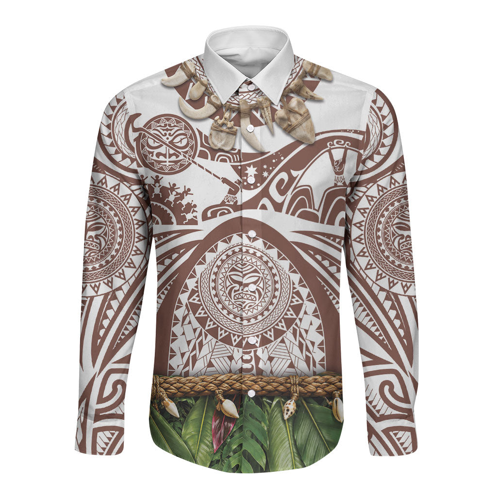 Polynesia Maui Umber Tattoo Inspired Long Sleeve Button Shirt Tropical Leaf Skirt Costume DT05 Unisex Brown - Polynesian Pride