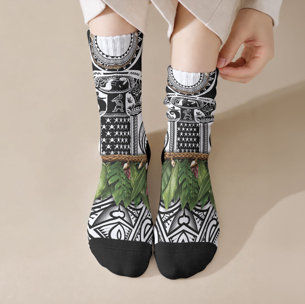 Polynesia Maui White Tattoo Inspired Crew Socks Tropical Leaf Skirt Costume DT05 Crew Socks White - Polynesian Pride