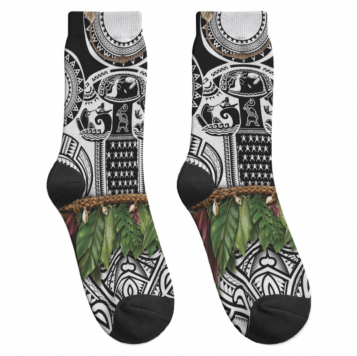 Polynesia Maui White Tattoo Inspired Crew Socks Tropical Leaf Skirt Costume DT05 - Polynesian Pride