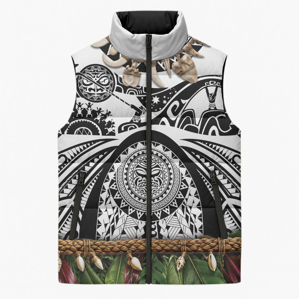 Polynesia Maui White Tattoo Inspired Sleeveless Puffer Jacket Tropical Leaf Skirt Costume DT05 Unisex White - Polynesian Pride