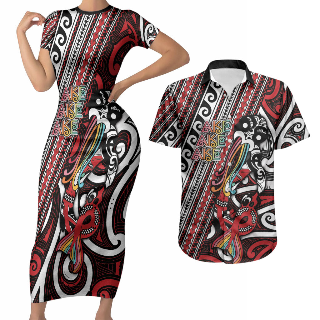 Personalised Maori Language Week Couples Matching Short Sleeve Bodycon Dress and Hawaiian Shirt Ake Ake Ake Tribal Patterns DT05 Red - Polynesian Pride