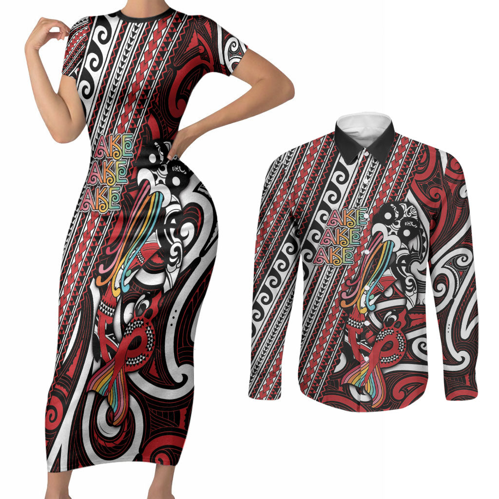 Personalised Maori Language Week Couples Matching Short Sleeve Bodycon Dress and Long Sleeve Button Shirt Ake Ake Ake Tribal Patterns