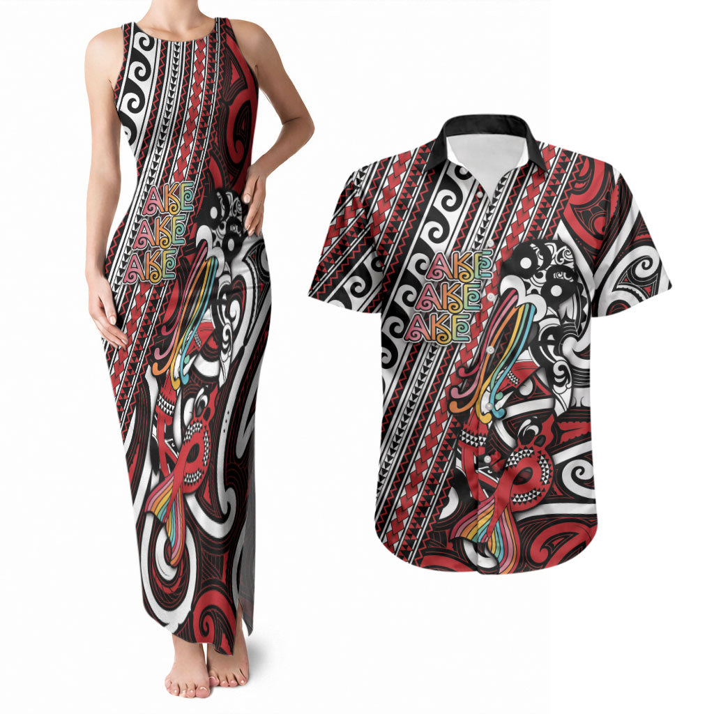 Personalised Maori Language Week Couples Matching Tank Maxi Dress and Hawaiian Shirt Ake Ake Ake Tribal Patterns DT05 Red - Polynesian Pride