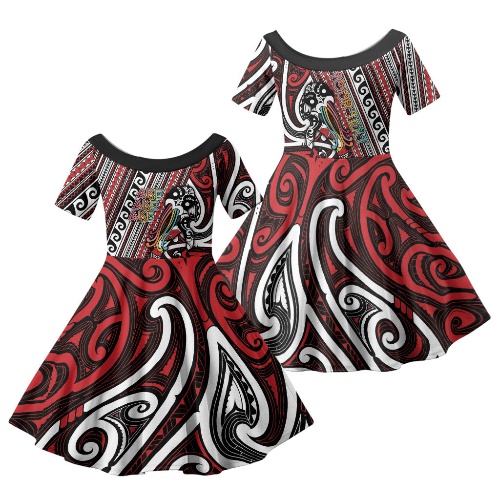 Personalised Maori Language Week Family Matching Off Shoulder Short Dress and Hawaiian Shirt Ake Ake Ake Tribal Patterns